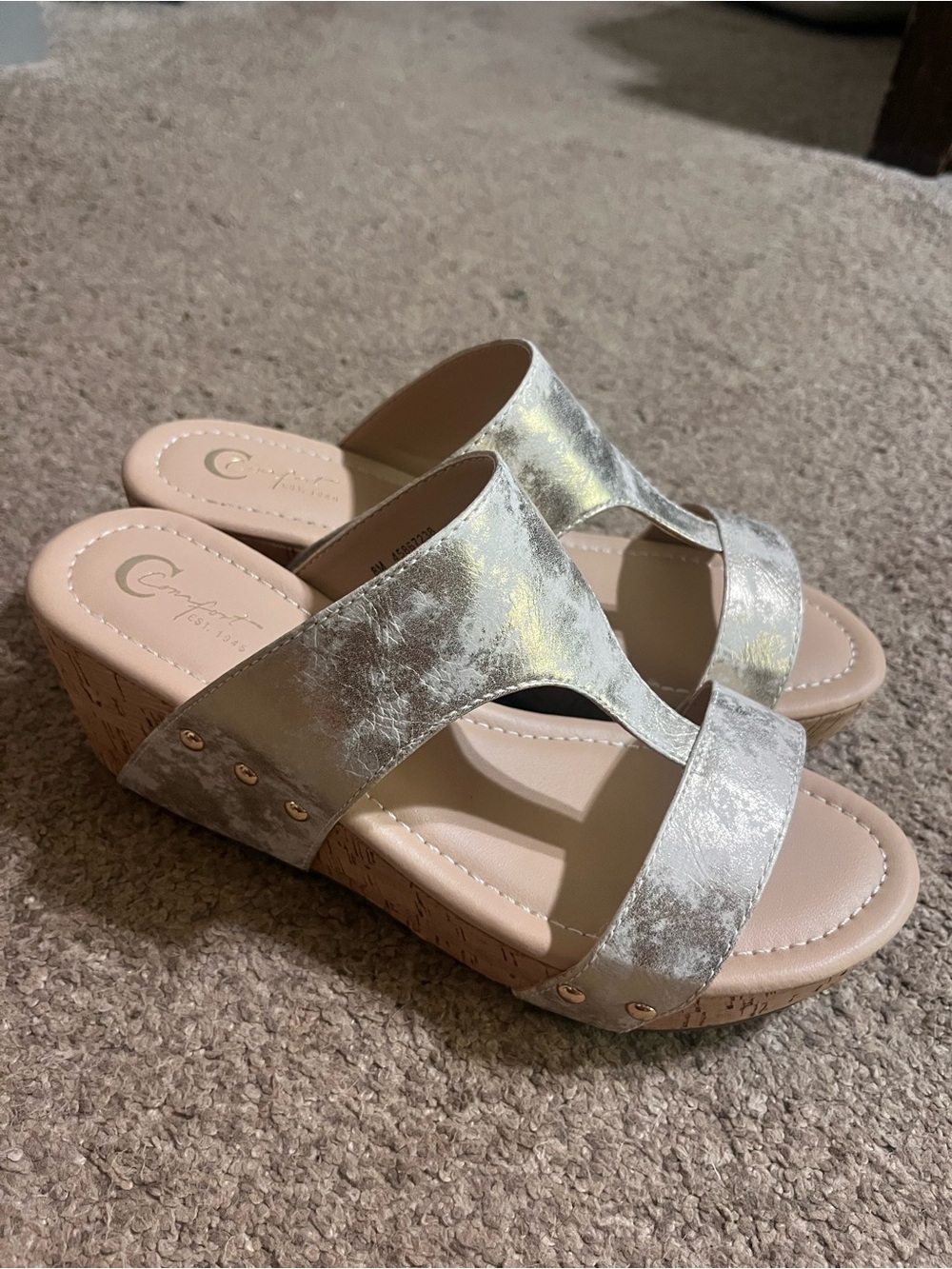 Comfort Cork Wedge Slides in Metallic Silver - Women's Slip-On Sandals